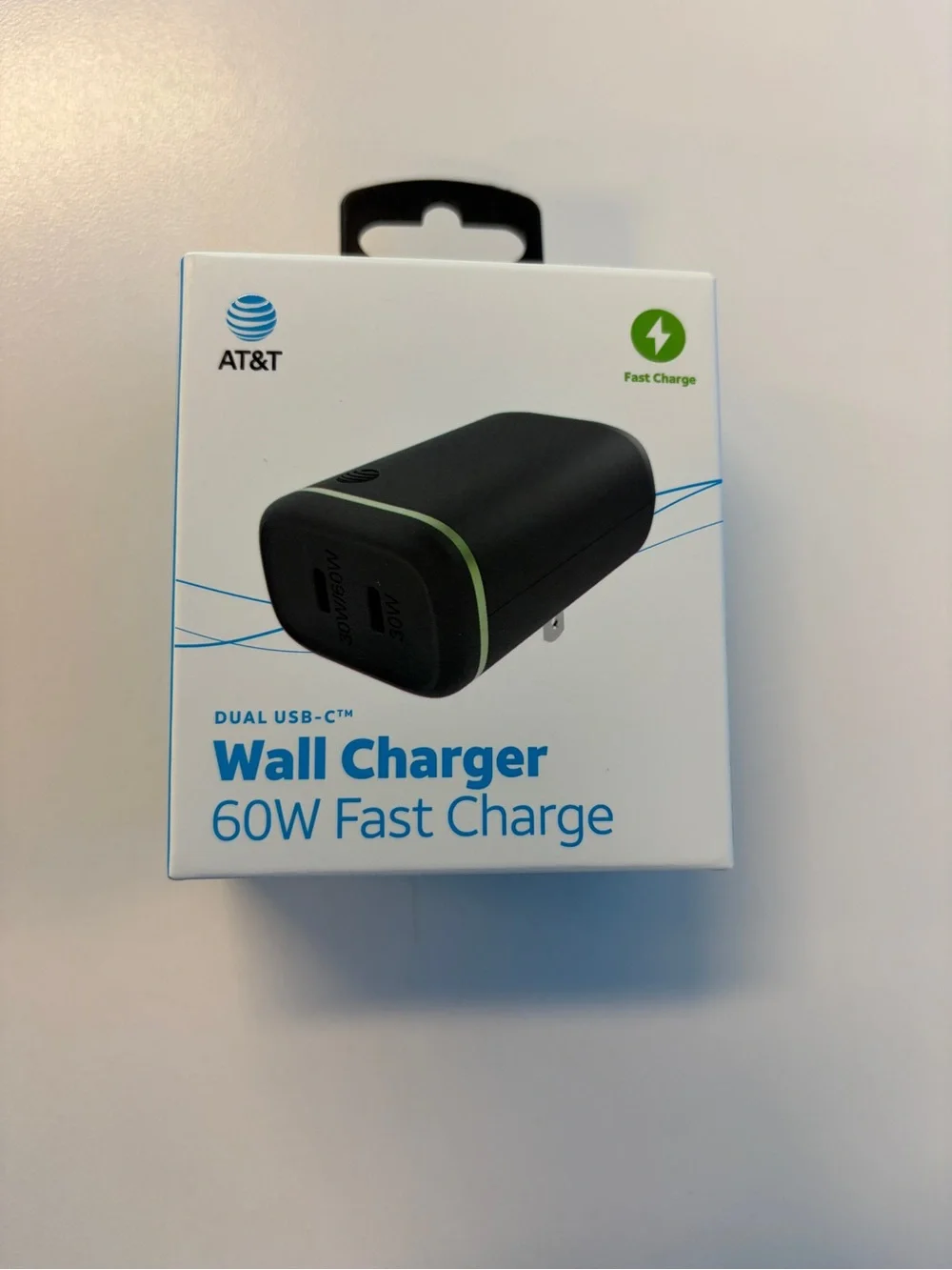 AT&T Dual USB-C 60W Fast Charge Wall Charger - Black with Green Accent